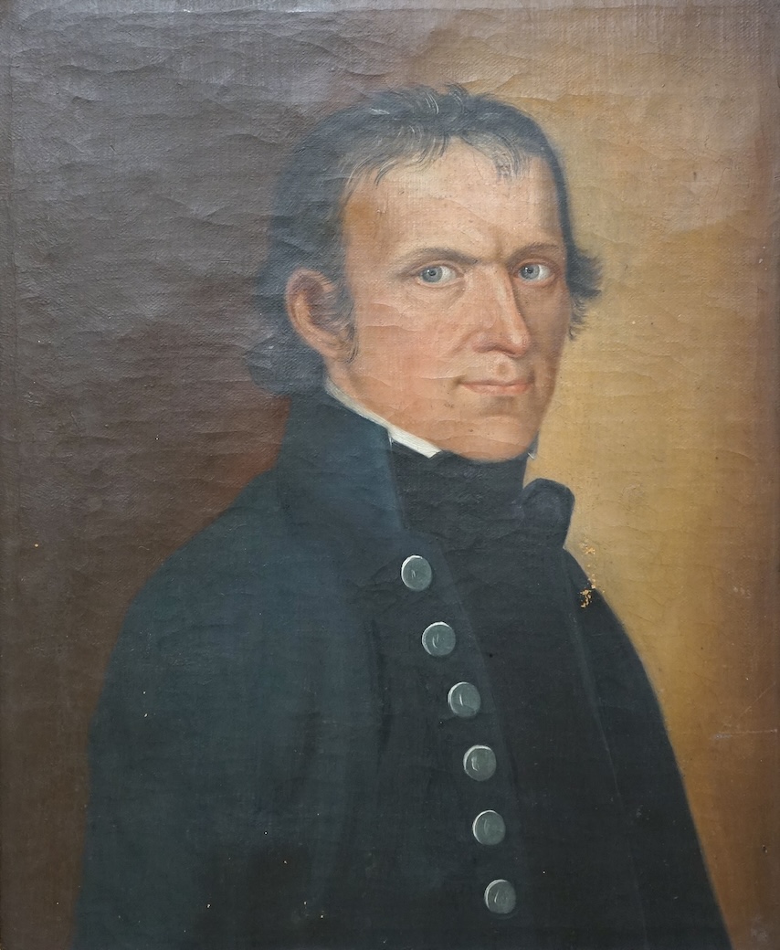 19th century, oil on canvas, Portrait of a gentleman wearing a frock coat, 48 x 39cm, housed in a gilt and ebonised frame
